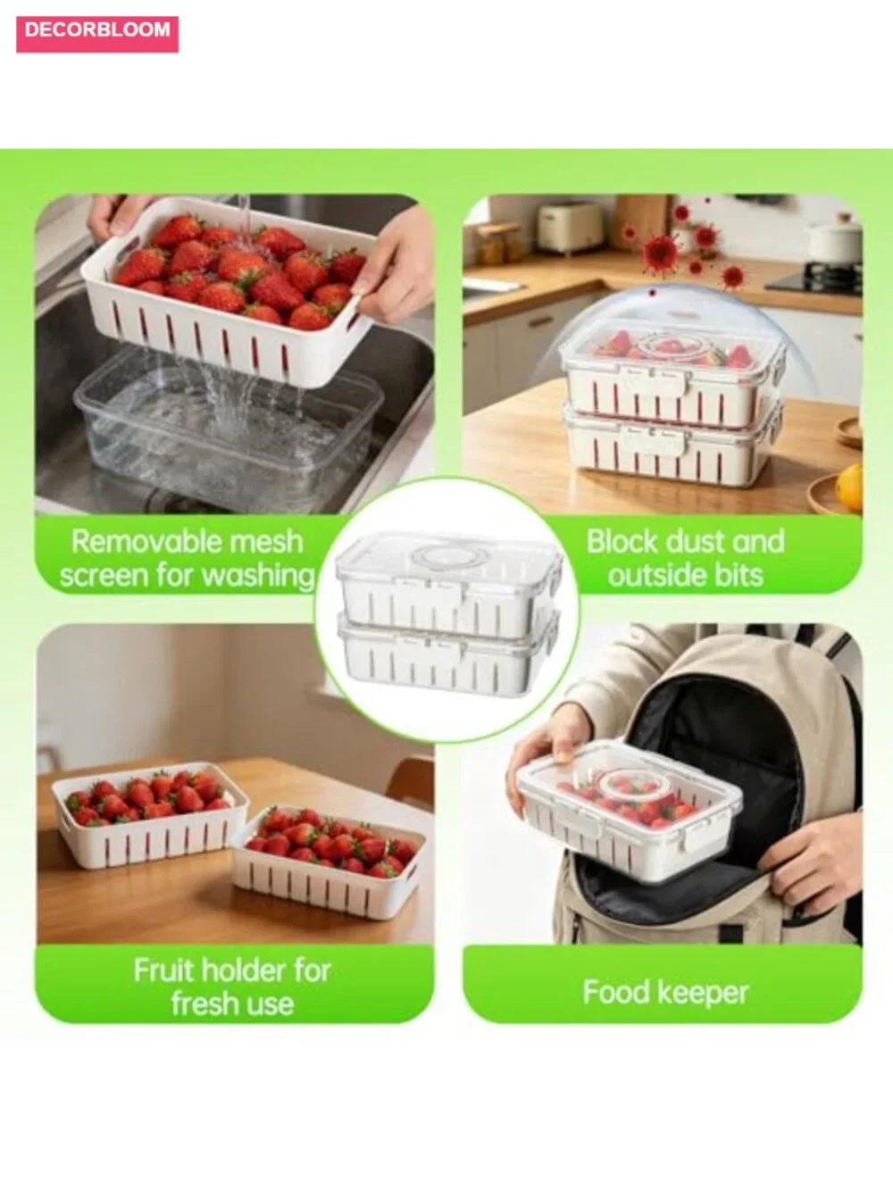 Fruit Storage Containers for Fridge with Handle, 2 Pack with Removable Mesh